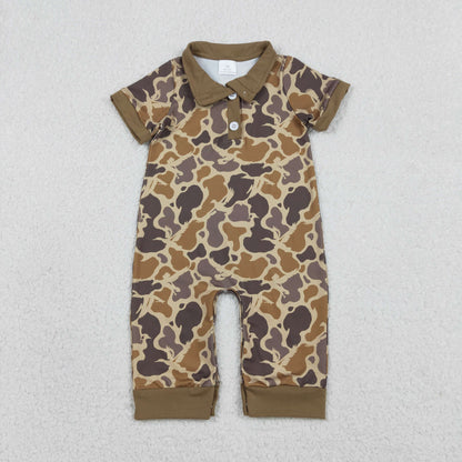 RTS Baby Boys Infant Short Sleeves Camo Hunting Buttons Brown Romper