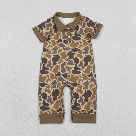 RTS Baby Boys Infant Short Sleeves Camo Hunting Buttons Brown Romper