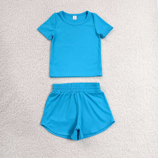 Baby Girls Kids Short Sleeves Blue Shirt Skirt Shorts Yoga Active Set Clothes