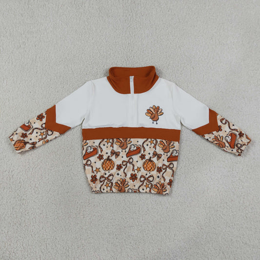 Baby Girls Kids turkey Pumpkins Bows Zipper Pullover Shirt Fall Clothes