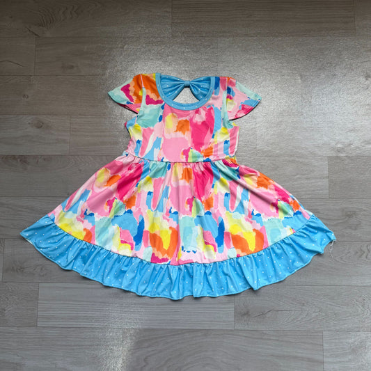 No moq Preorder Baby Girl Short Sleeves Tie Dye Pockets Ruffle Knee Length Dress