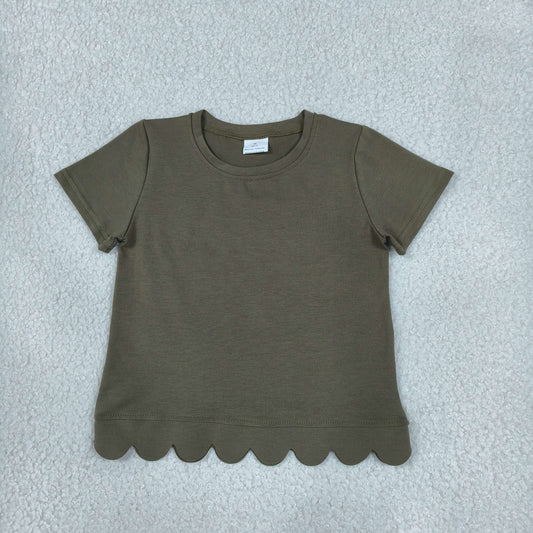 Baby Girls Kids Short Sleeves Scalloped Shirt Tops Cotton Olive Clothes