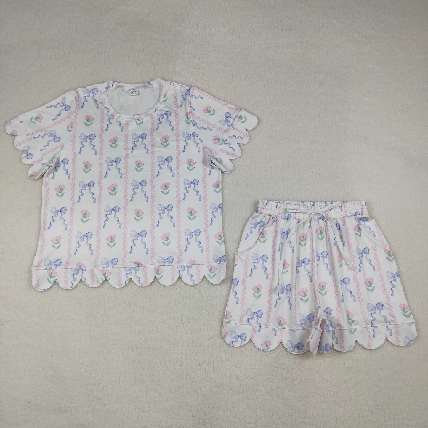 RTS Adult Women Short Sleeves Flower Bows Scallop Shirt Shorts Clothes Set