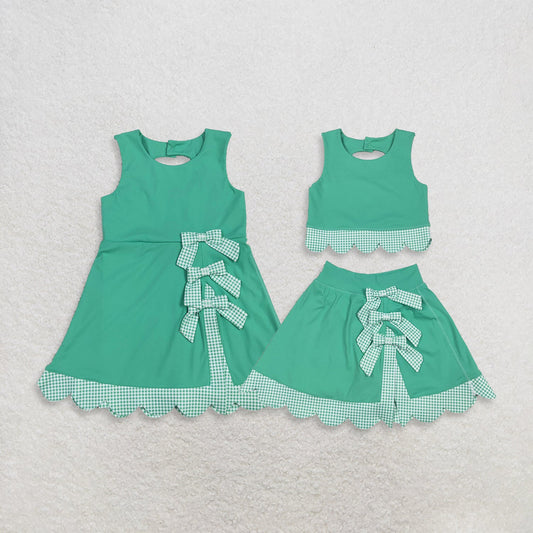 Sibling Baby Girls Kids Green Plaid Bows Skort Yoga Active Dress Set Scallop Clothes
