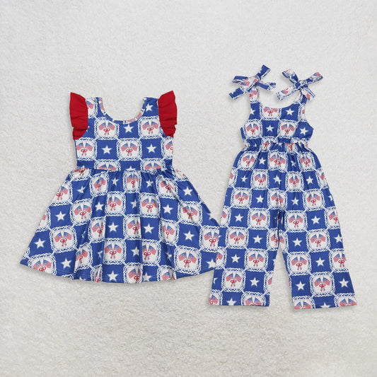 Sibling Baby Girls Kids 4th of July Flags Bows Stars Dress Jumpsuit Clothes