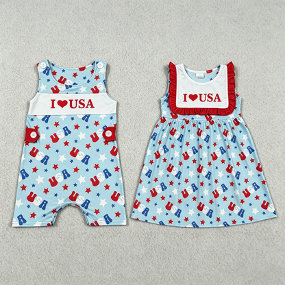 Sibling Baby Boy Girls Kids I Love USA 4th of July Dress Romper Clothes