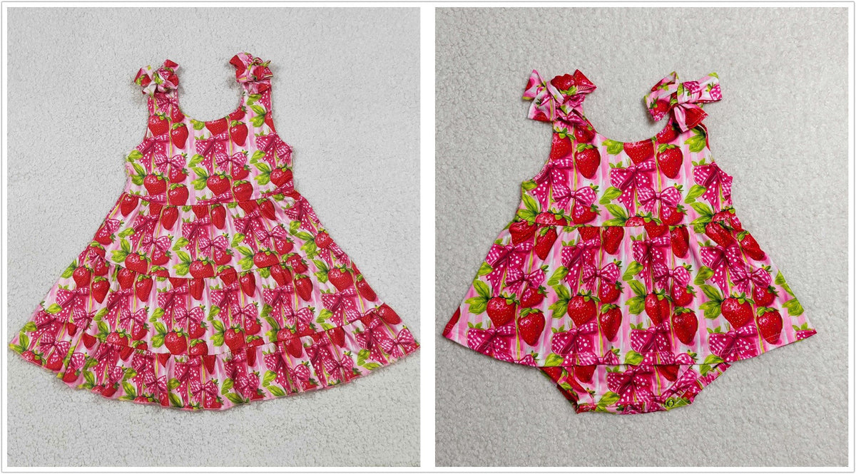 Sibling Baby Girls Kids Strawberry Bows Romper Dress Set Summer Clothes