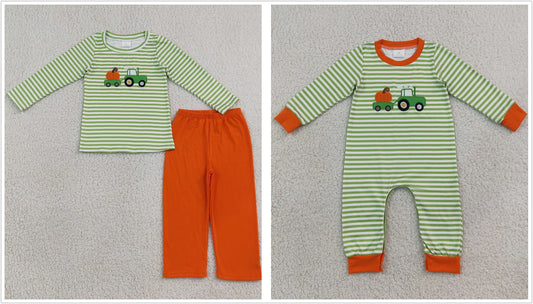 Sibling Baby Boys Kids Embroidery Pumpkins Trucks Stripes Romper Thanksgiving Set Pink Clothes