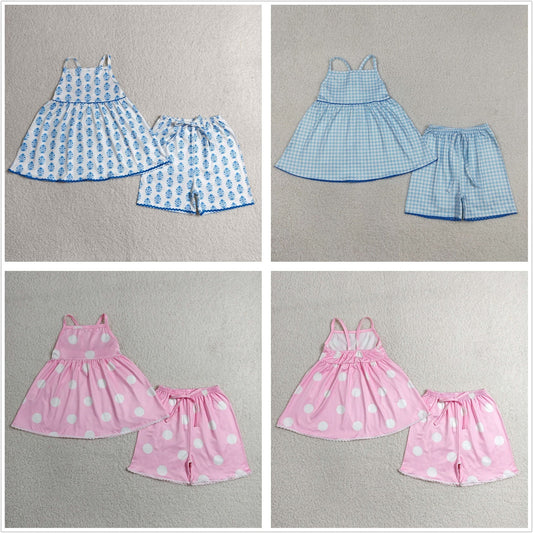 Sibling Baby Girls Kids Straps Flower Dots Tunic Shorts Sets Summer Clothes