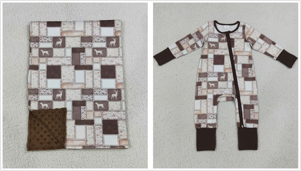 Sibling Baby Boys Kids Long Sleeves Deer Camo Zipper Romper Blanket