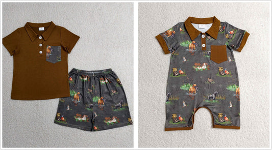 Sibling Baby Boys Kids Short Sleeves Ducks Dogs Buttons Romper Set Hunting Clothes