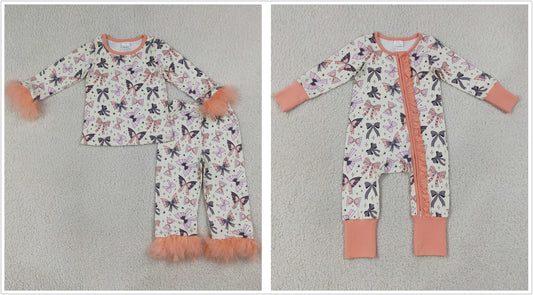 Sibling Baby Girls Kids Long Sleeves Zipper Footie Romper Pajamas Set Halloween Bows Clothes
