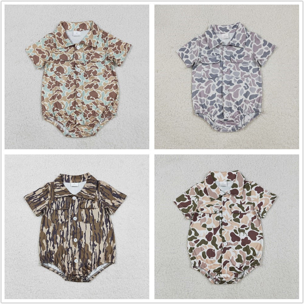 Sibling Baby Boys Infant Short Sleeves Camo Print Pockets Buttons Hunting Bubble Rompers