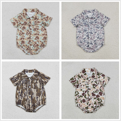 Sibling Baby Boys Infant Short Sleeves Camo Print Pockets Buttons Hunting Bubble Rompers