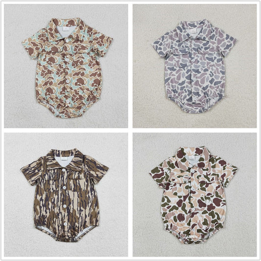 Sibling Baby Boys Infant Short Sleeves Camo Print Pockets Buttons Hunting Bubble Rompers