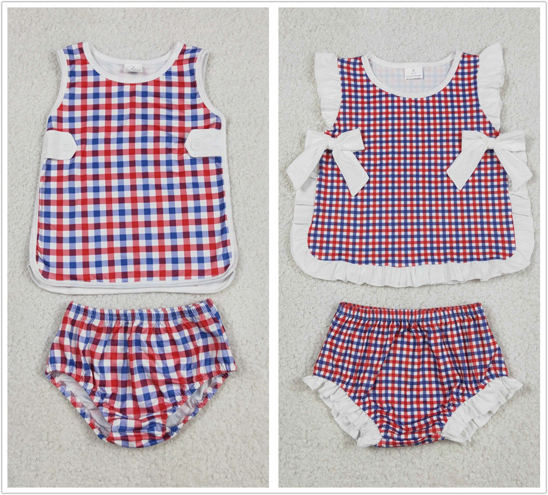 Sibling Baby Boys Girls Kids Plaid Tops Bummie Shorts Sets 4th of July Clothes