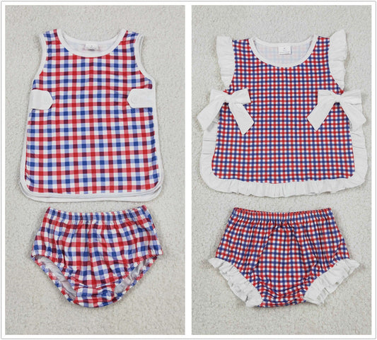 Sibling Baby Boys Girls Kids Plaid Tops Bummie Shorts Sets 4th of July Clothes