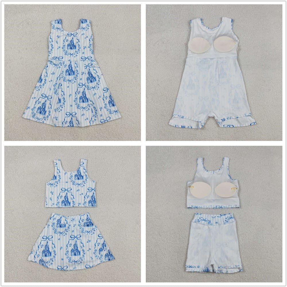 Baby Girls Kids Sleeveless Castles Blue Bows Flower Sibling Yoga Active Skort Dress Set