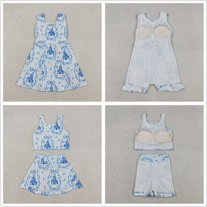 Baby Girls Kids Sleeveless Castles Blue Bows Flower Sibling Yoga Active Skort Dress Set