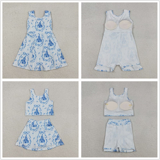 Baby Girls Kids Sleeveless Castles Blue Bows Flower Sibling Yoga Active Skort Dress Set