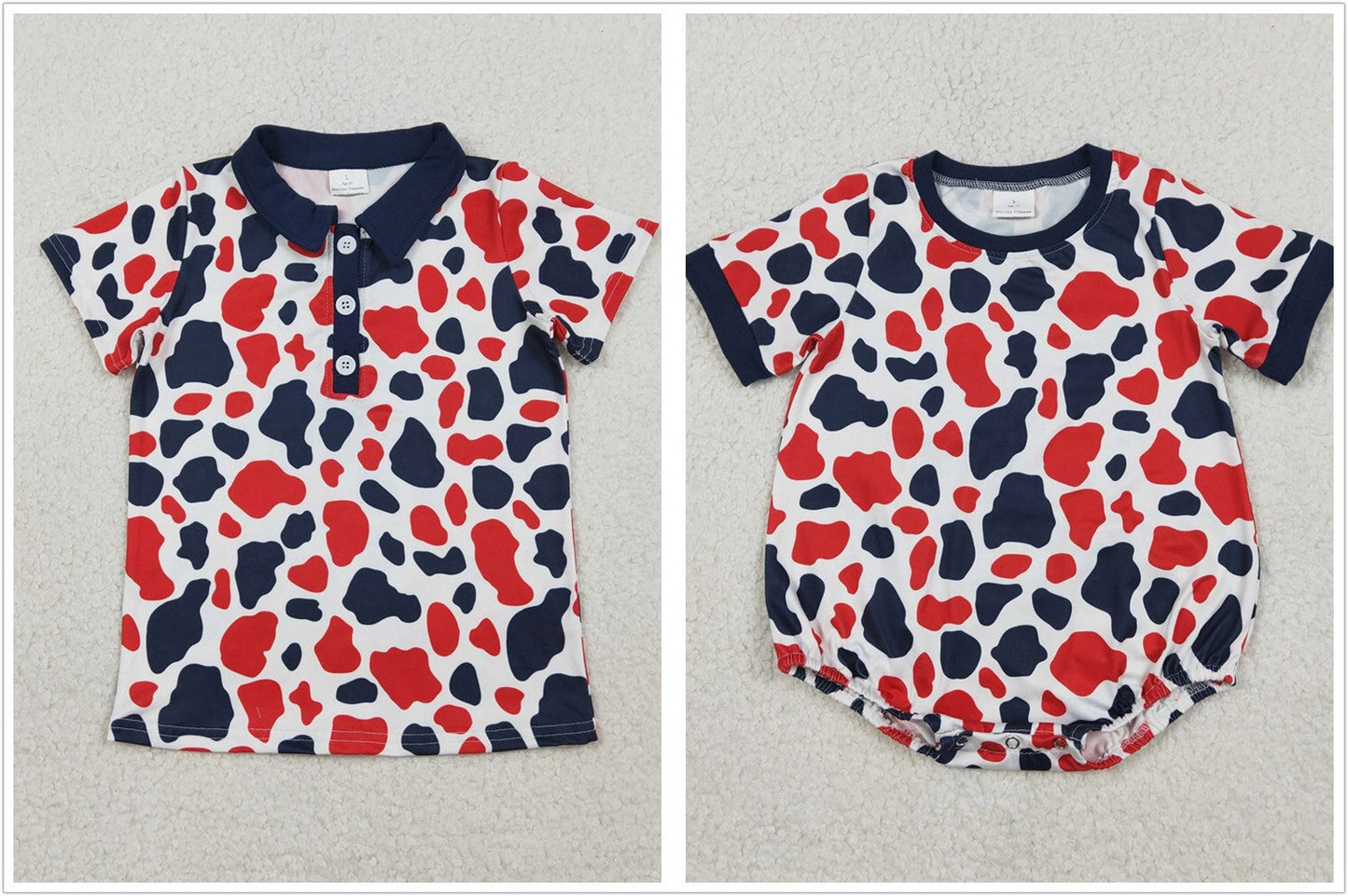 RTS Sibling Baby Boys Short Sleeves Red Blue Camo 4th of July Romper Buttons Tee Tops
