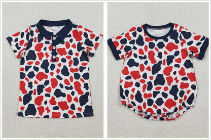 RTS Sibling Baby Boys Short Sleeves Red Blue Camo 4th of July Romper Buttons Tee Tops