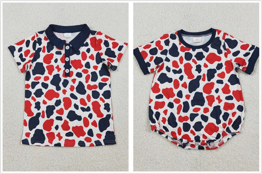 RTS Sibling Baby Boys Short Sleeves Red Blue Camo 4th of July Romper Buttons Tee Tops