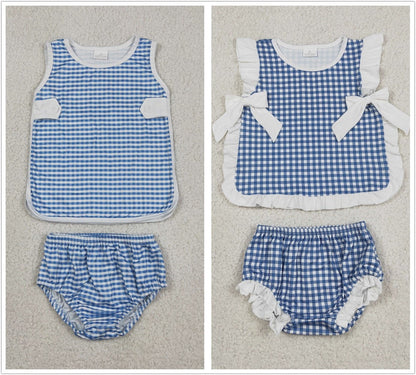 Sibling Baby Boys Girls Kids Blue Plaid Tops Bummie Shorts Sets Summer Clothes