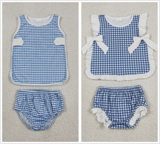 Sibling Baby Boys Girls Kids Blue Plaid Tops Bummie Shorts Sets Summer Clothes