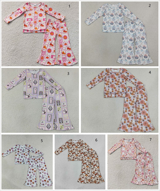 Sibling Baby Girls Kids Long Sleeves Pumpkins Ghosts Flower Shirts Bell Pants Fall Sets Clothes
