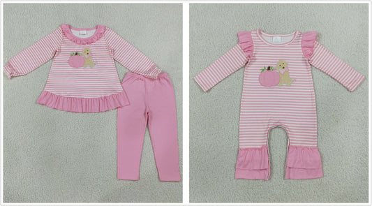 Sibling Baby Girls Kids Embroidery Pumpkins Dogs Stripes Romper Thanksgiving Set Pink Clothes