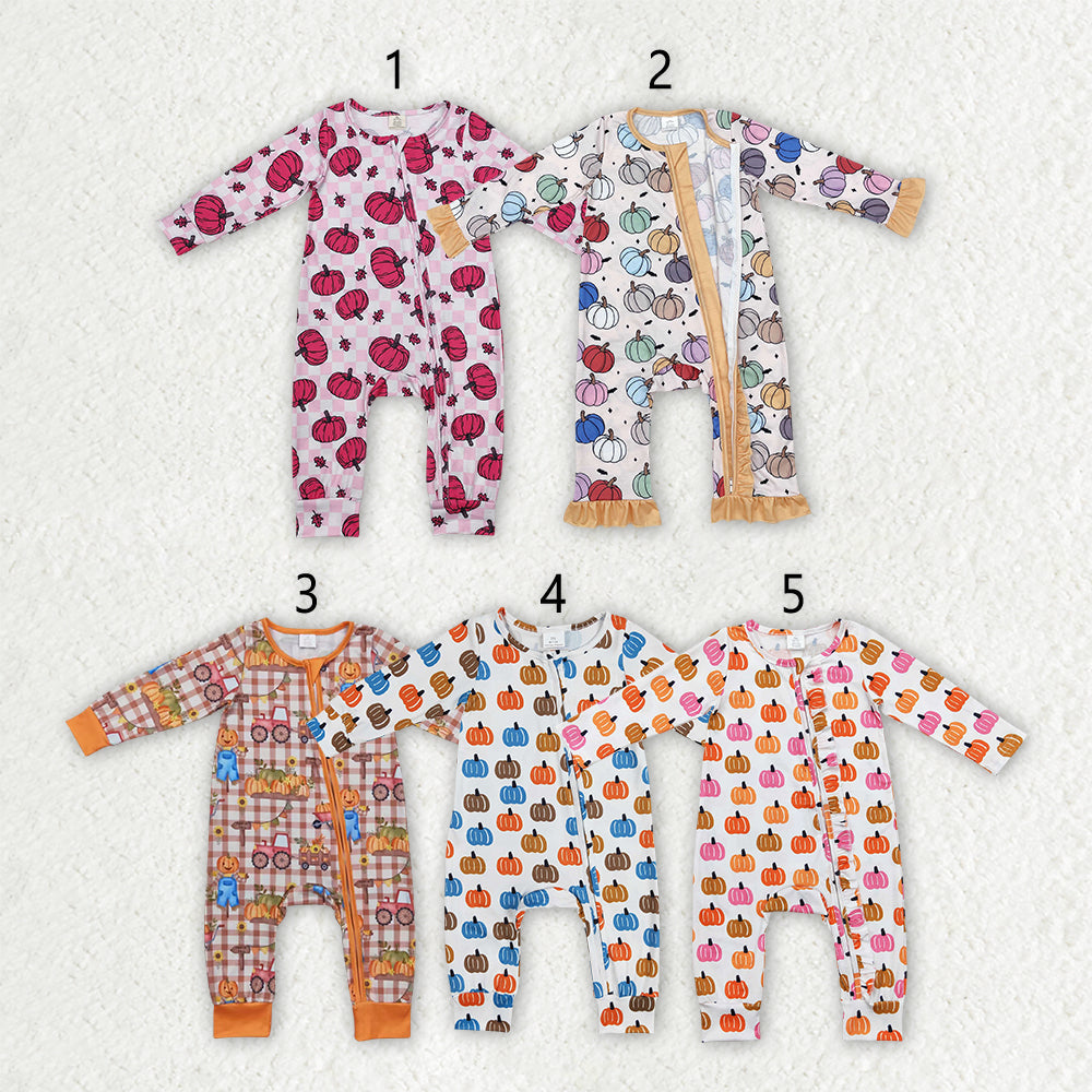 Baby Boy Girl Infant Long Sleeves Pumpkins Zipper Fall Romper Sibling Clothes