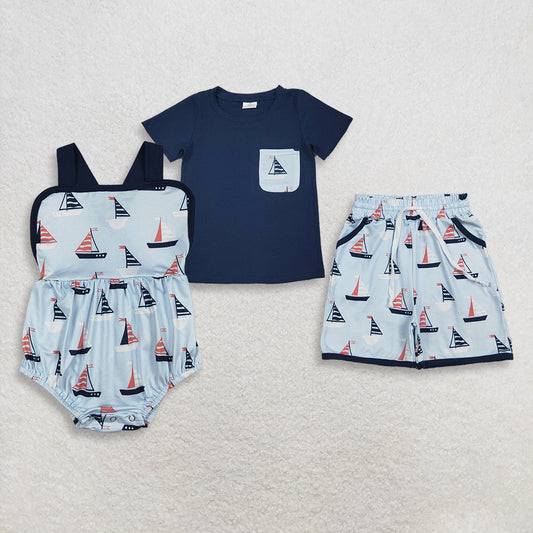 RTS Sibling Baby Boys Kids Navy Shorts Sleeves Shirt Boats Pockets Shorts Romper Set