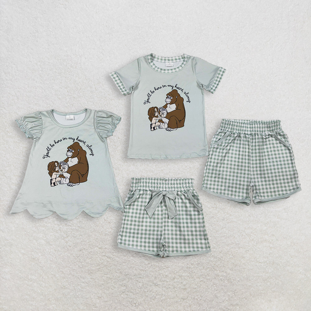 RTS Sibling Baby Boys Girls Kids Short Sleeves Monkey Shirts Green Plaid Pockets Shorts Sets