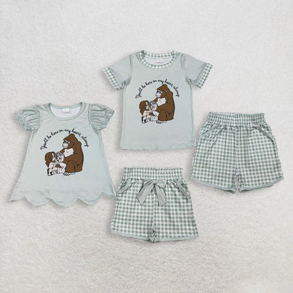 RTS Sibling Baby Boys Girls Kids Short Sleeves Monkey Shirts Green Plaid Pockets Shorts Sets