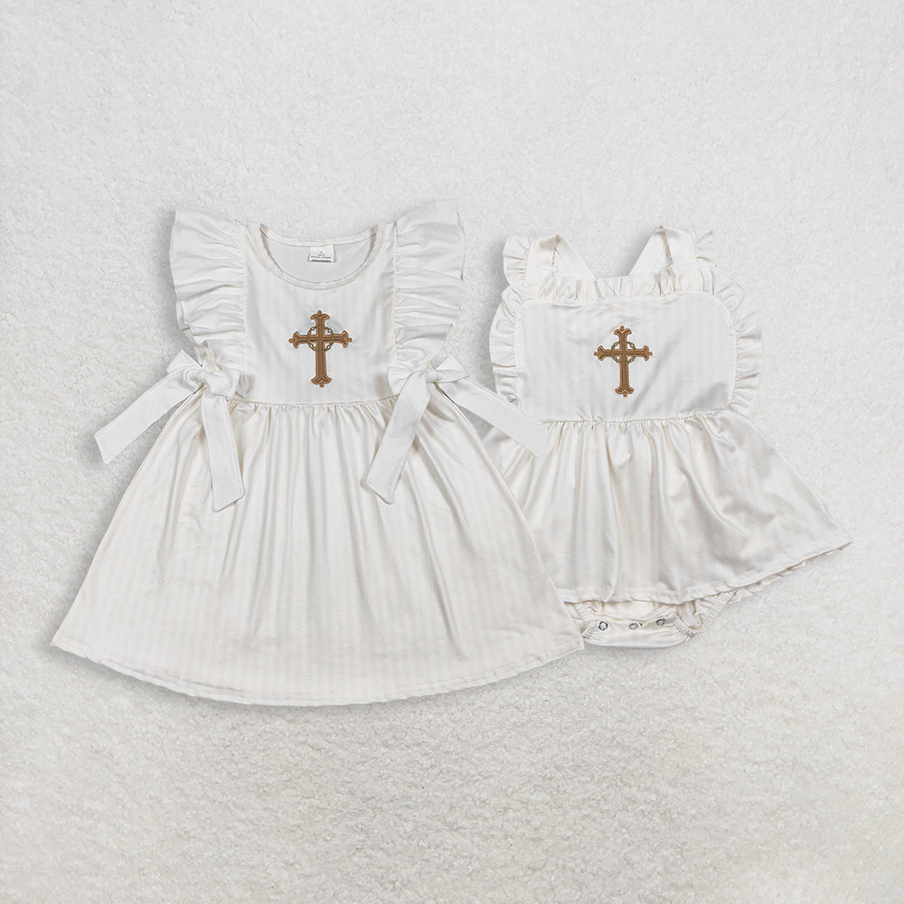 RTS Sibling Baby Girls Infant Straps Embroidery Cross Easter Bubble Romper Dress