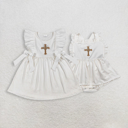 RTS Sibling Baby Girls Infant Straps Embroidery Cross Easter Bubble Romper Dress