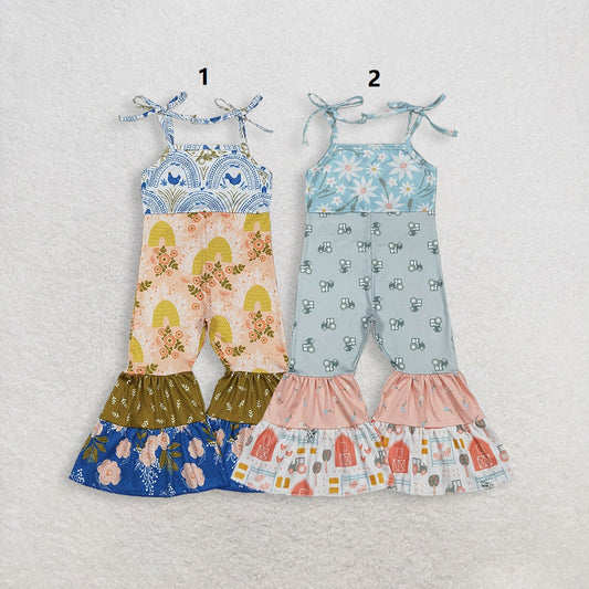 RTS Sibling Baby Girls Toddler Straps Flower Trucks Farm Bell Pants Jumpsuits