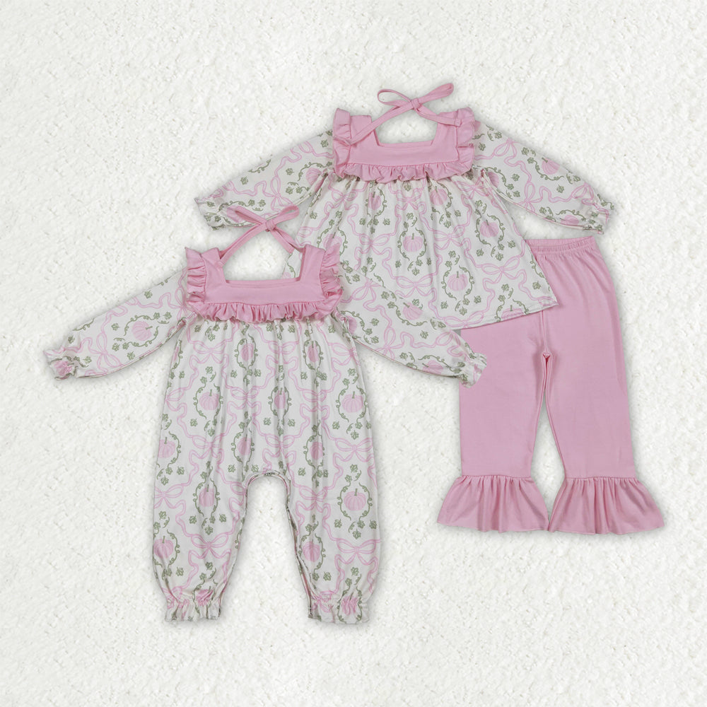 Baby Girl Toddler Long Sleeves Pumpkins Bows Sibling Pink Romper Set Clothes