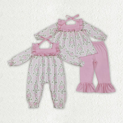 Baby Girl Toddler Long Sleeves Pumpkins Bows Sibling Pink Romper Set Clothes