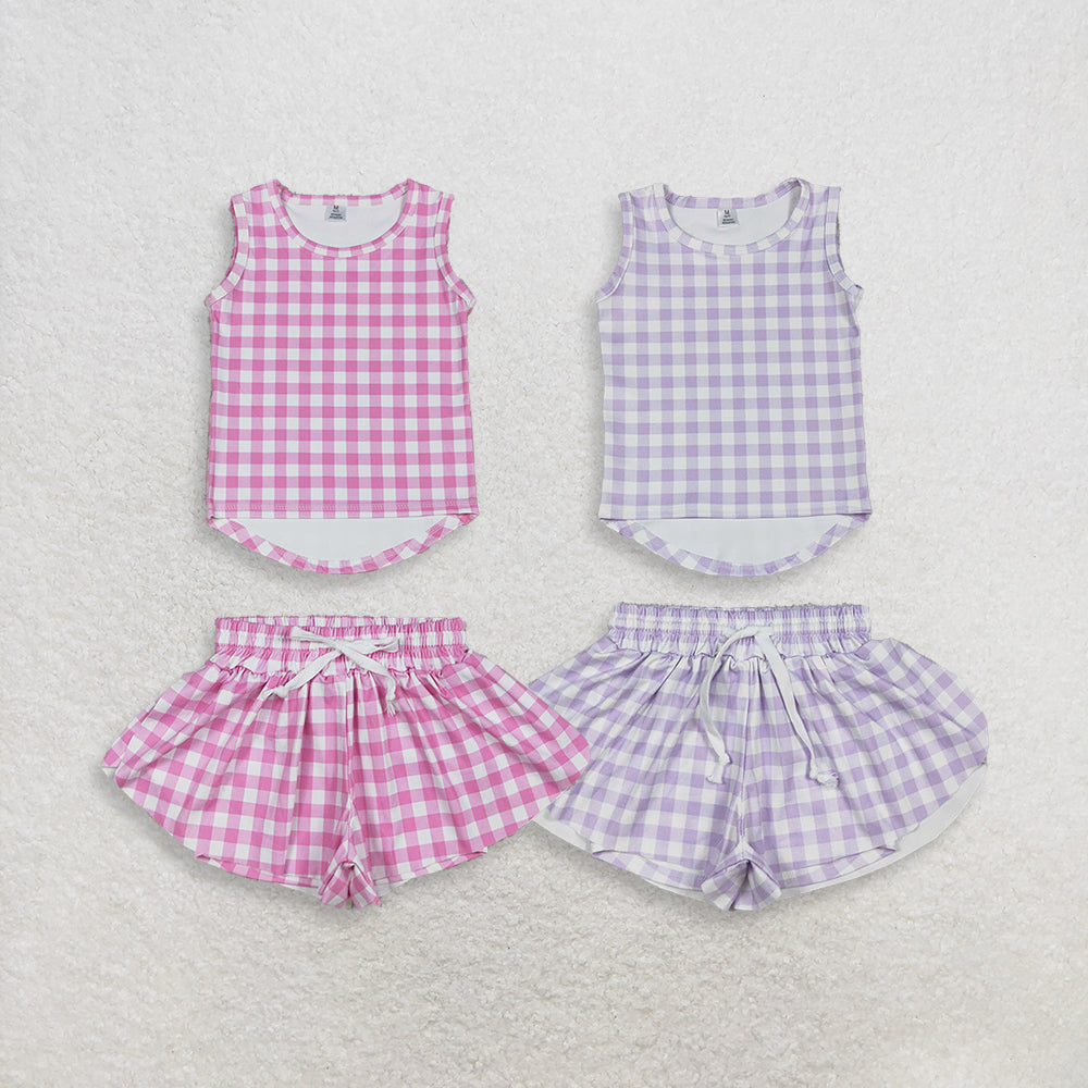 Sibling Baby Girls Kids Sleeveless Plaid Tops Shorts Sets Yoga Active Clothes