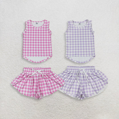 Sibling Baby Girls Kids Sleeveless Plaid Tops Shorts Sets Yoga Active Clothes