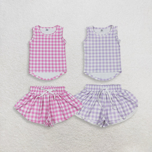Sibling Baby Girls Kids Sleeveless Plaid Tops Shorts Sets Yoga Active Clothes
